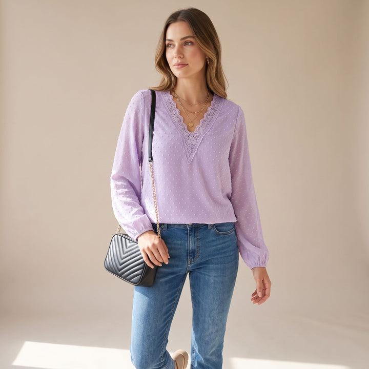 Women's Lace-Trim V-Neck Long Sleeve Swiss Dot Blouse - Lilac