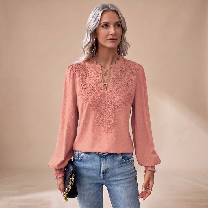 Women's Lace-Trim V-Neck Long Sleeve Swiss Dot Blouse - Peach