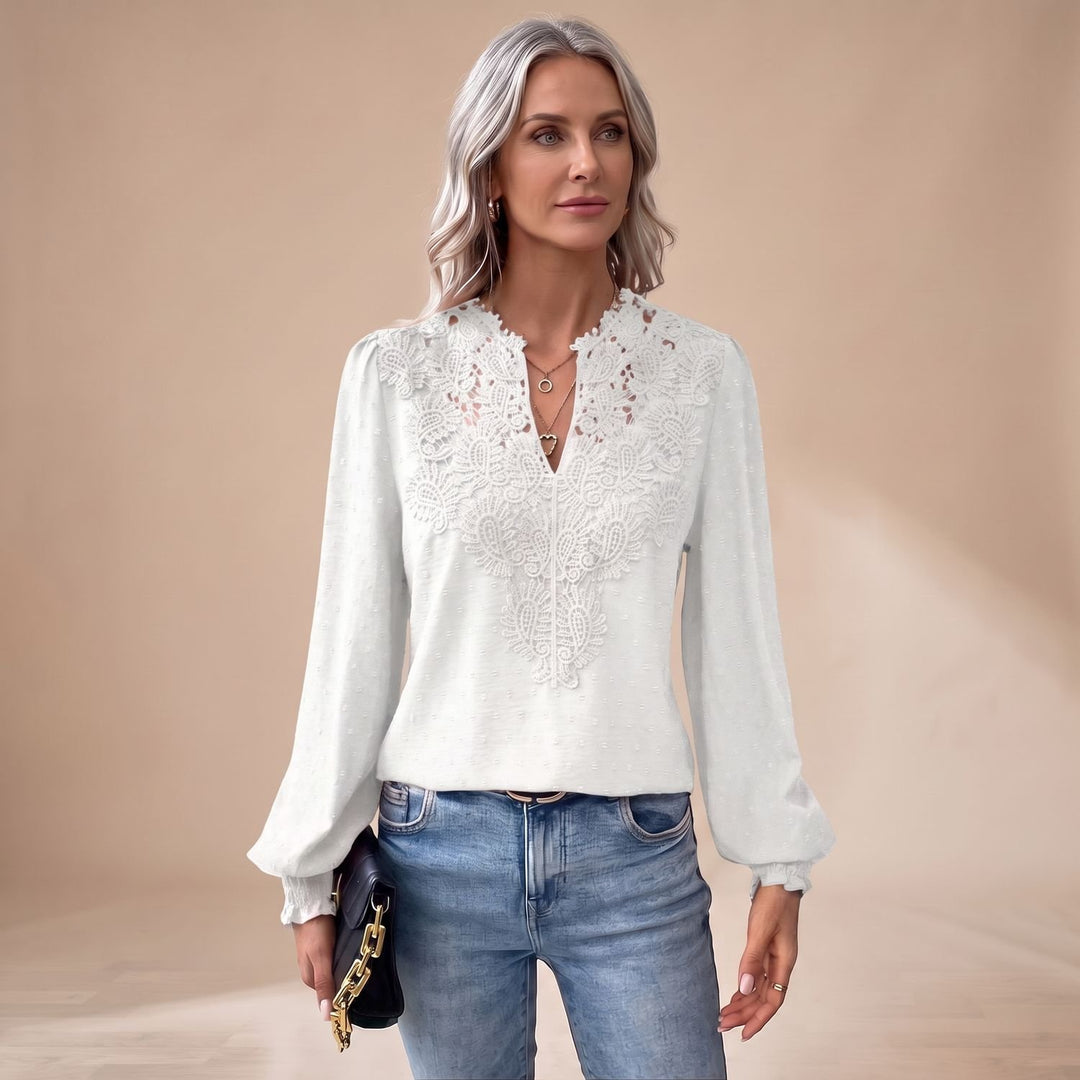 Women's Lace-Trim V-Neck Long Sleeve Swiss Dot Blouse - White