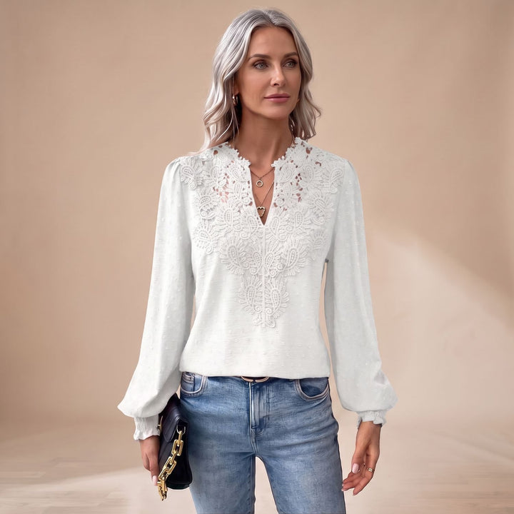 Women's Lace-Trim V-Neck Long Sleeve Swiss Dot Blouse - White