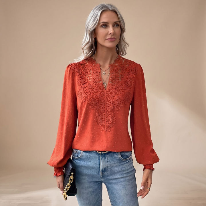 Women's Lace-Trim V-Neck Long Sleeve Swiss Dot Blouse