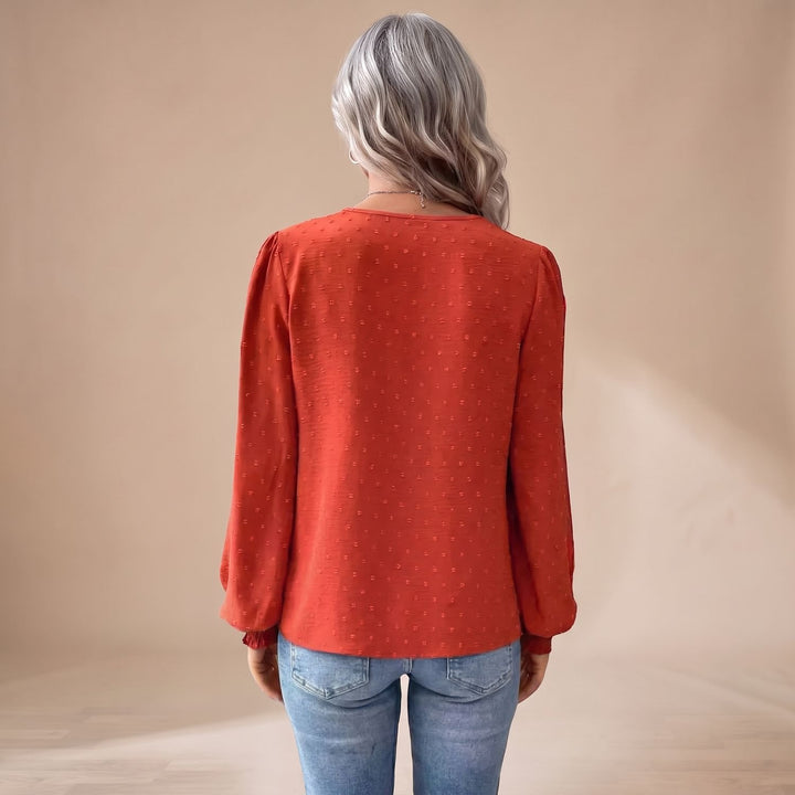 Women's Lace-Trim V-Neck Long Sleeve Swiss Dot Blouse