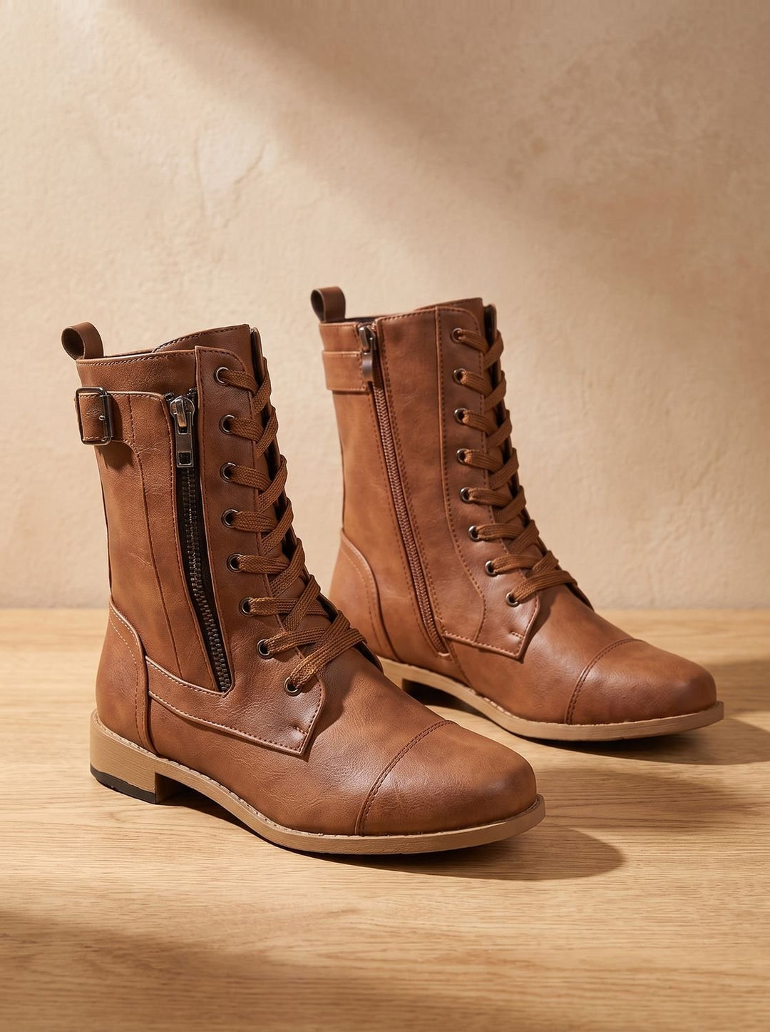 Women's Lace-Up Combat Boots Buckle Side-Zip Round Toe