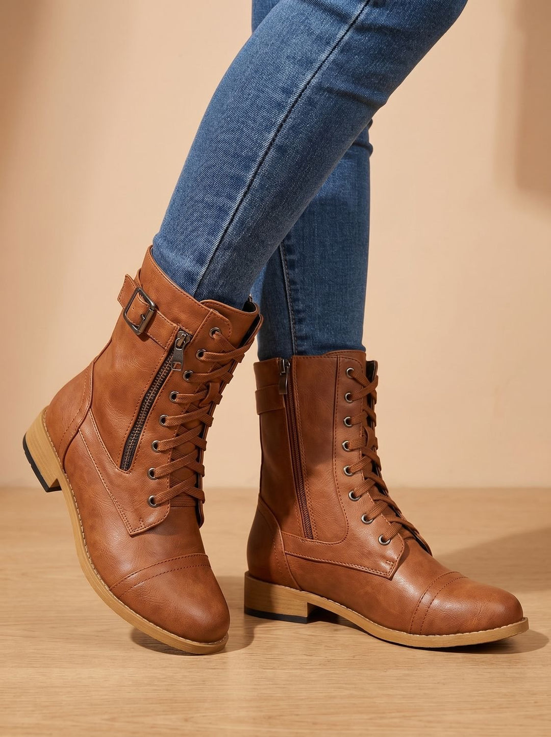 Women's Lace-Up Combat Boots Buckle Side-Zip Round Toe