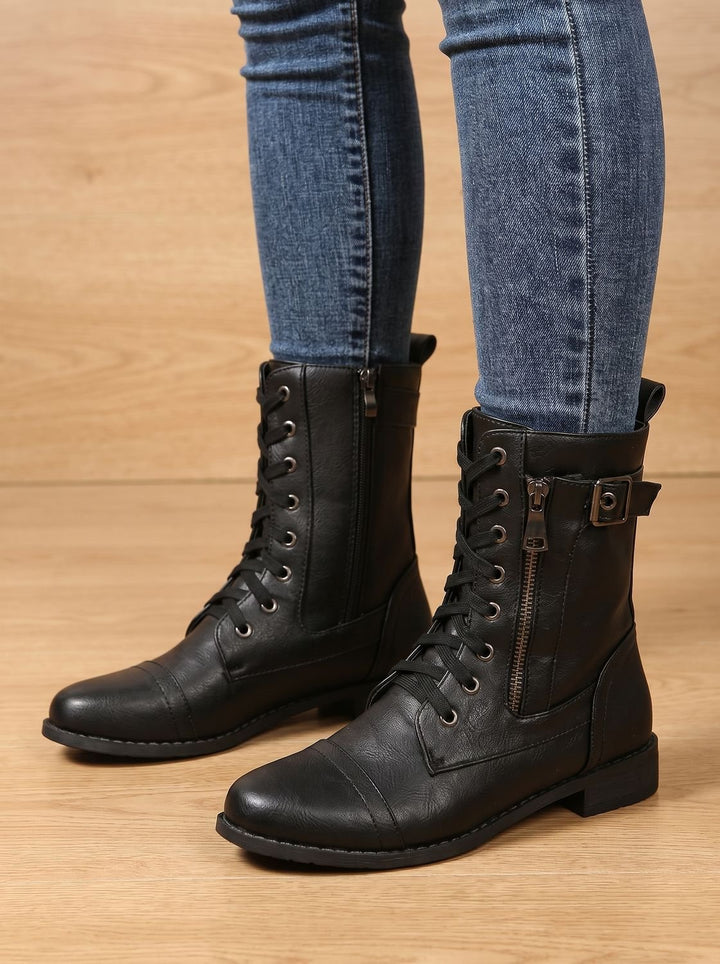 Women's Lace-Up Combat Boots Buckle Side-Zip Round Toe