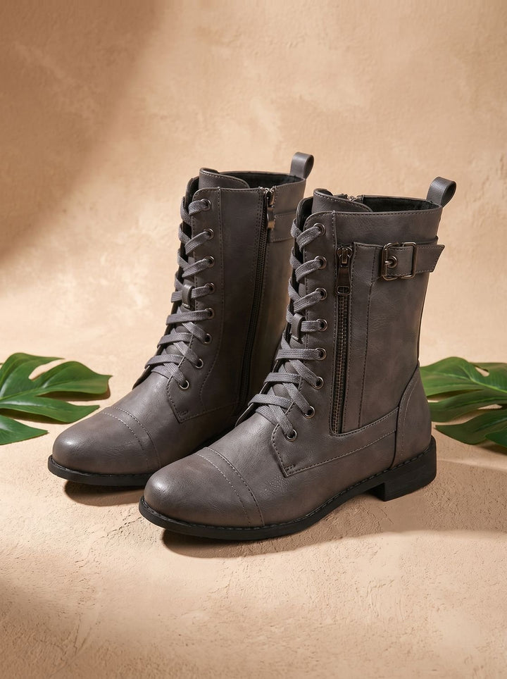 Women's Lace-Up Combat Boots Buckle Side-Zip Round Toe