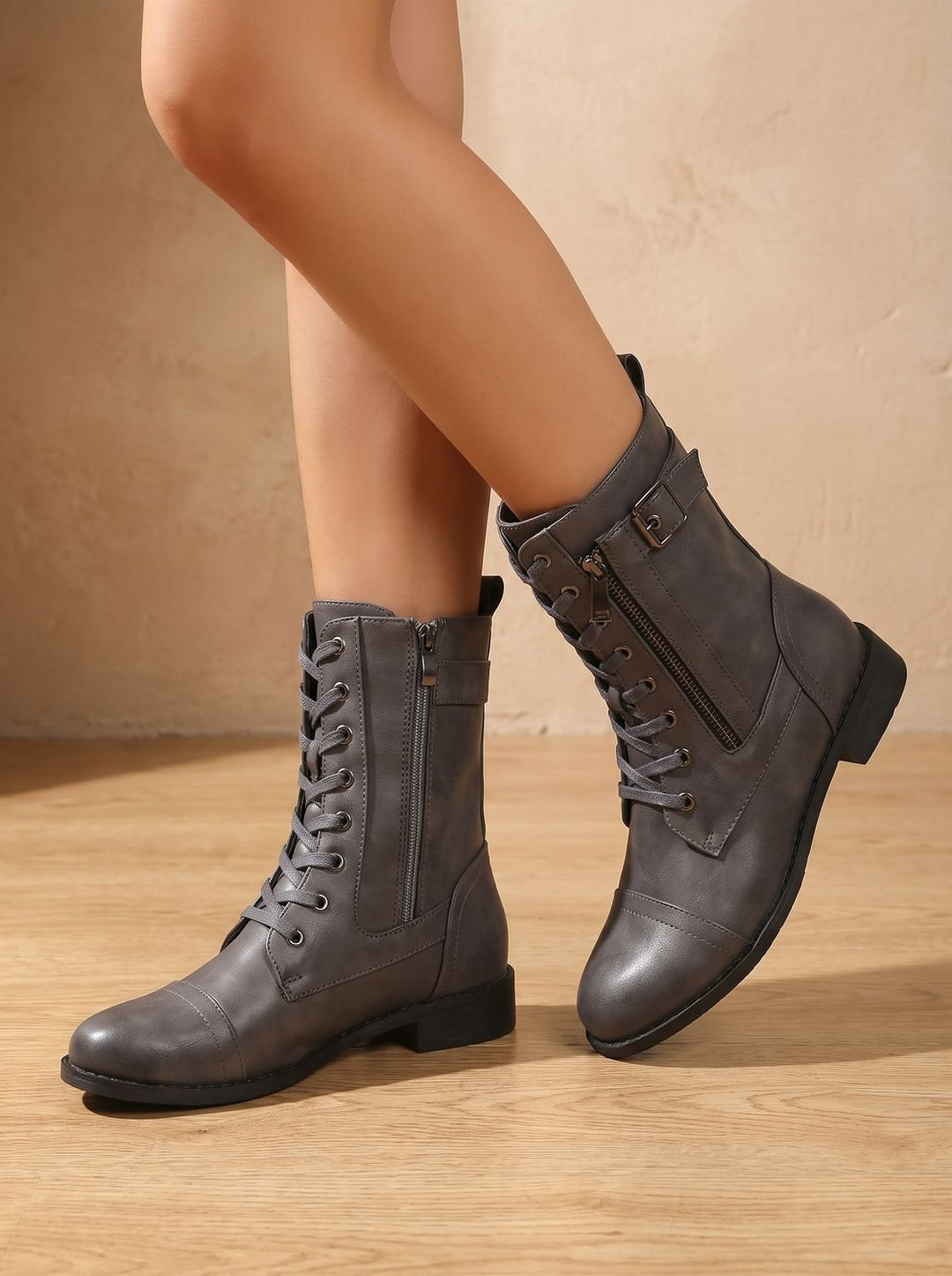 Women's Lace-Up Combat Boots Buckle Side-Zip Round Toe