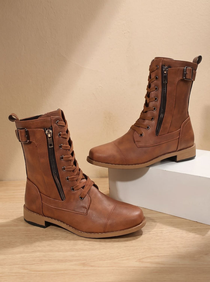 Women's Lace-Up Combat Boots Buckle Side-Zip Round Toe - Brown