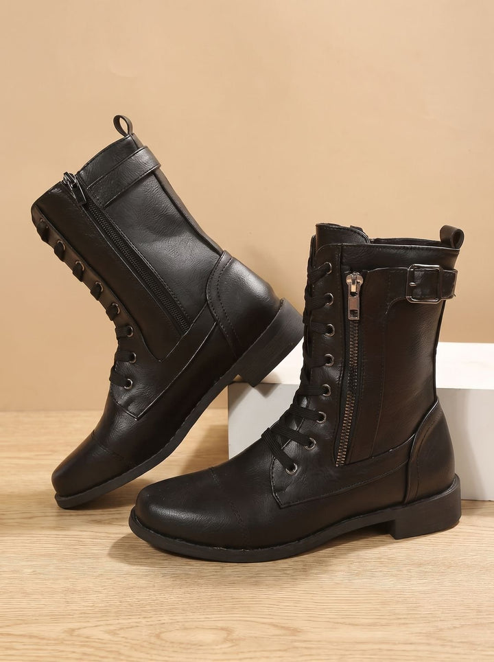 Women's Lace-Up Combat Boots Buckle Side-Zip Round Toe - Black