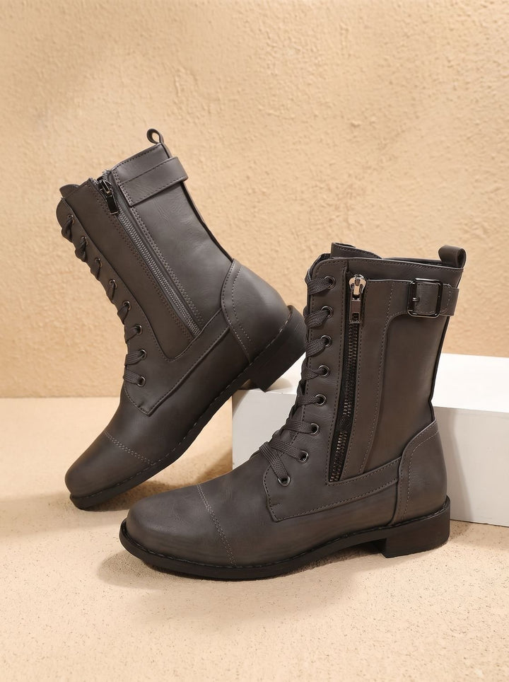 Women's Lace-Up Combat Boots Buckle Side-Zip Round Toe - Gray