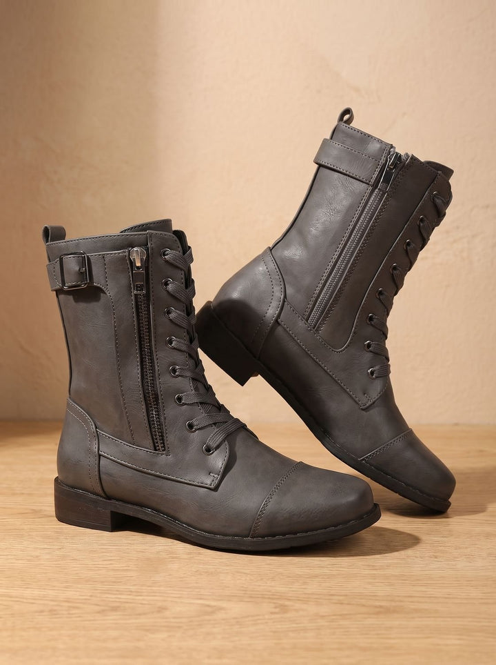 Women's Lace-Up Combat Boots Buckle Side-Zip Round Toe