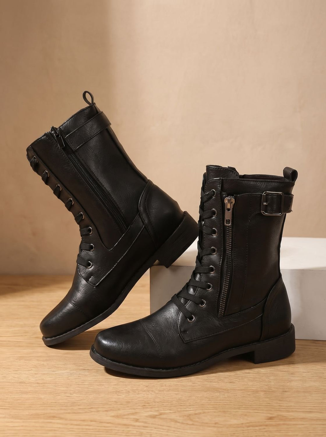 Women's Lace-Up Combat Boots Buckle Side-Zip Round Toe