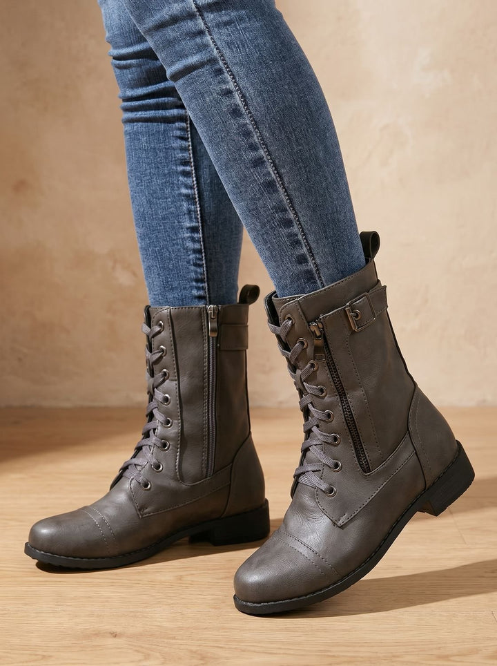 Women's Lace-Up Combat Boots Buckle Side-Zip Round Toe