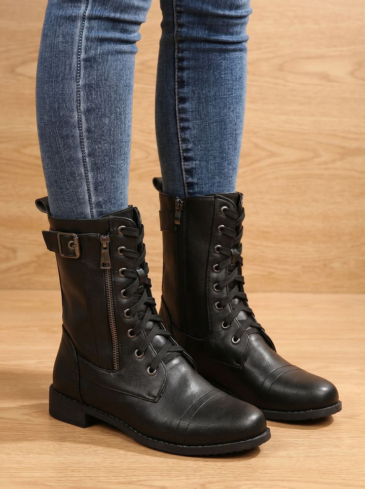 Women's Lace-Up Combat Boots Buckle Side-Zip Round Toe