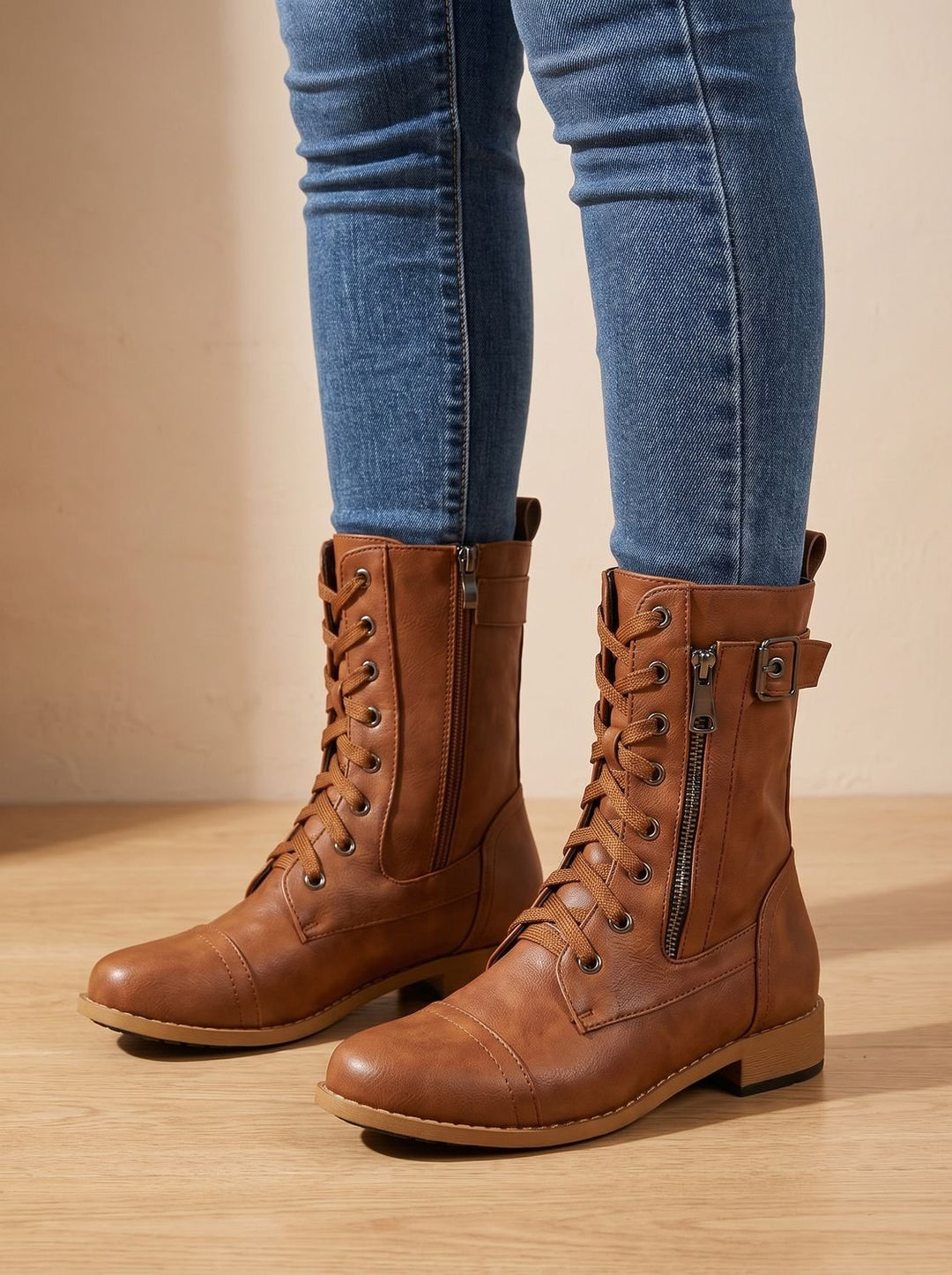 Women's Lace-Up Combat Boots Buckle Side-Zip Round Toe