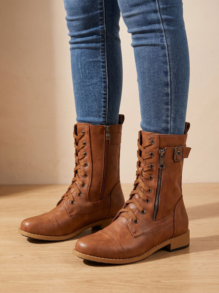 Women's Lace-Up Combat Boots Buckle Side-Zip Round Toe