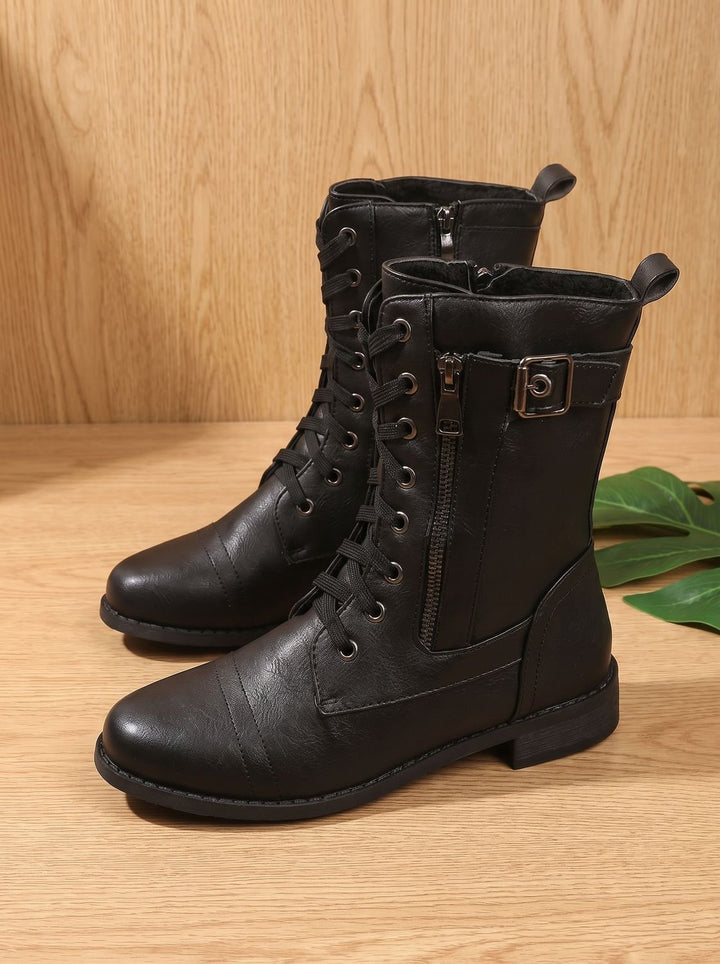 Women's Lace-Up Combat Boots Buckle Side-Zip Round Toe