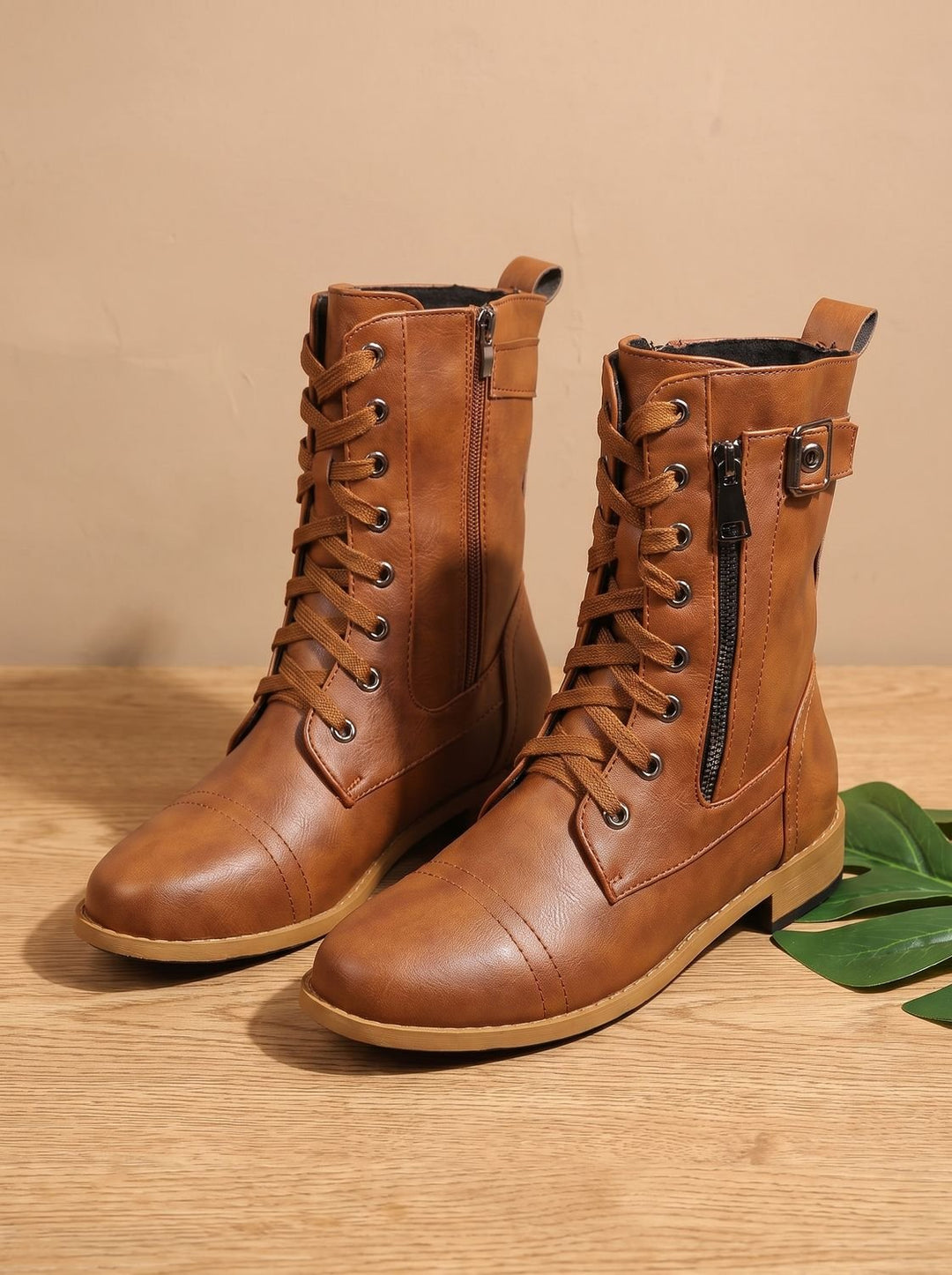 Women's Lace-Up Combat Boots Buckle Side-Zip Round Toe