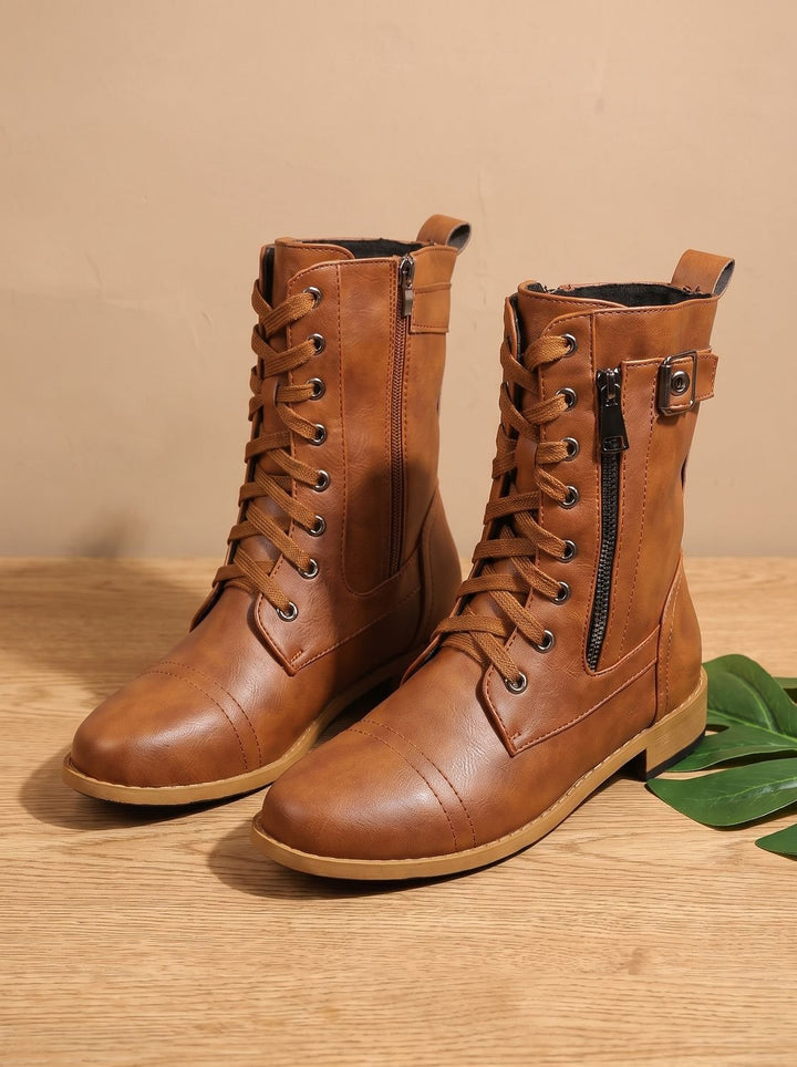 Women's Lace-Up Combat Boots Buckle Side-Zip Round Toe