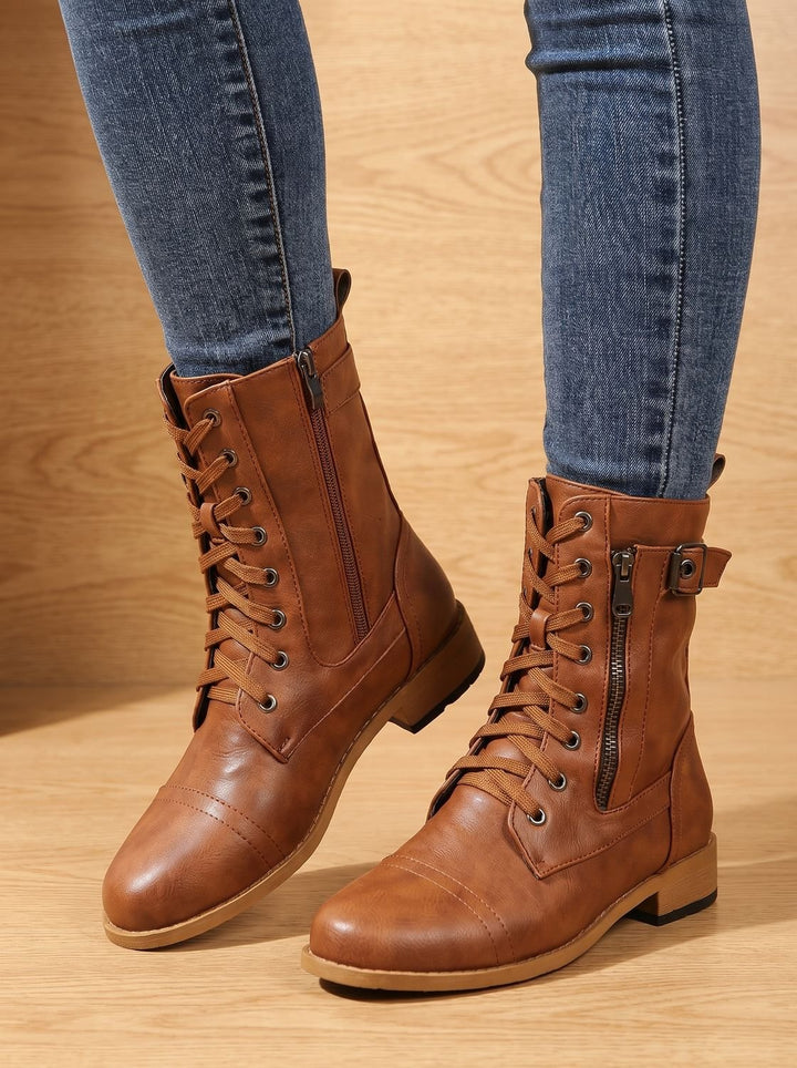 Women's Lace-Up Combat Boots Buckle Side-Zip Round Toe