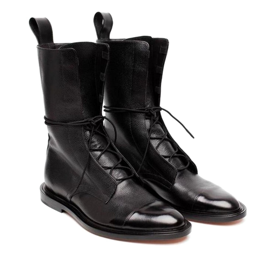 Women's Lace-Up Combat Style Boots Flat Cap-Toe Mid-Calf - Black