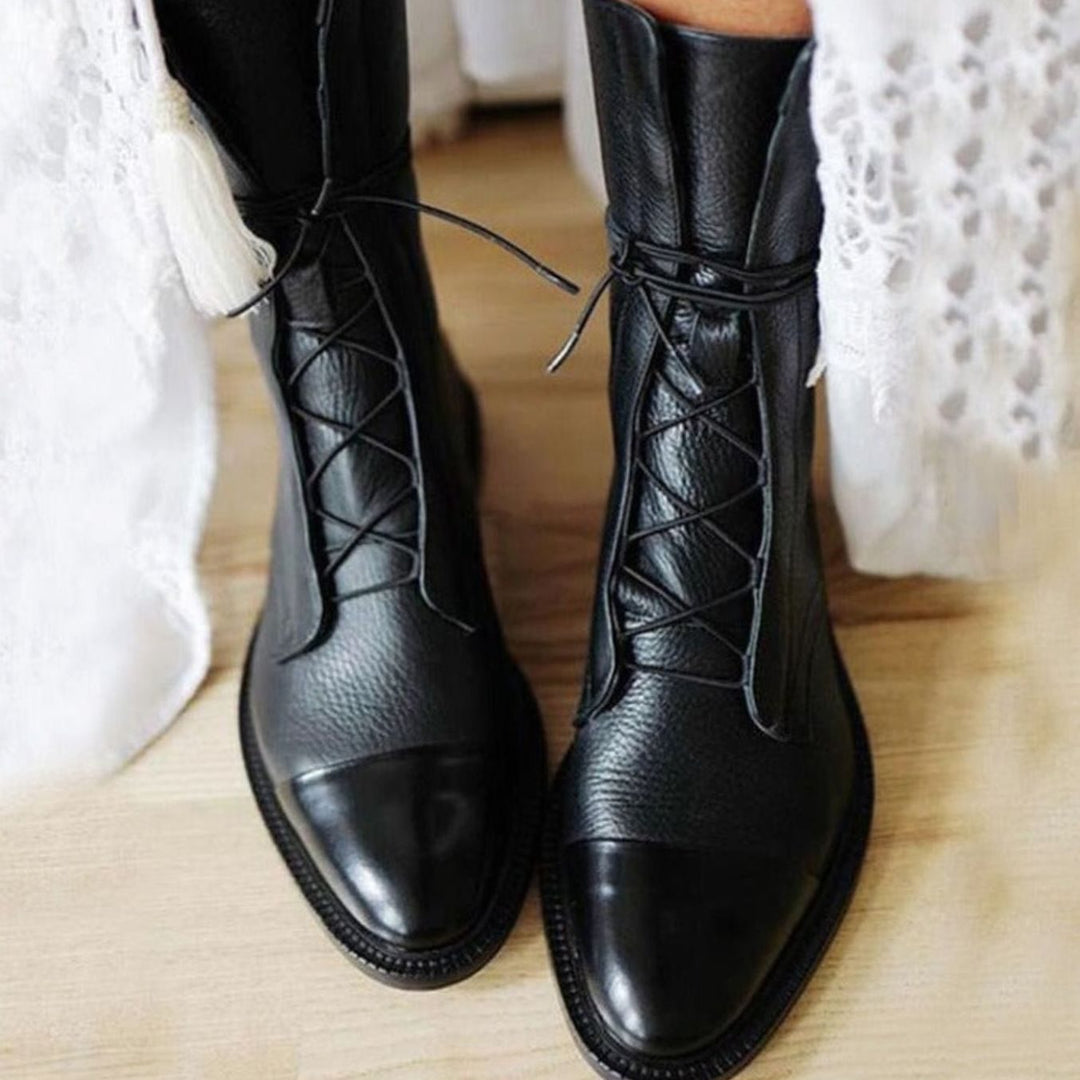 Women's Lace-Up Combat Style Boots Flat Cap-Toe Mid-Calf