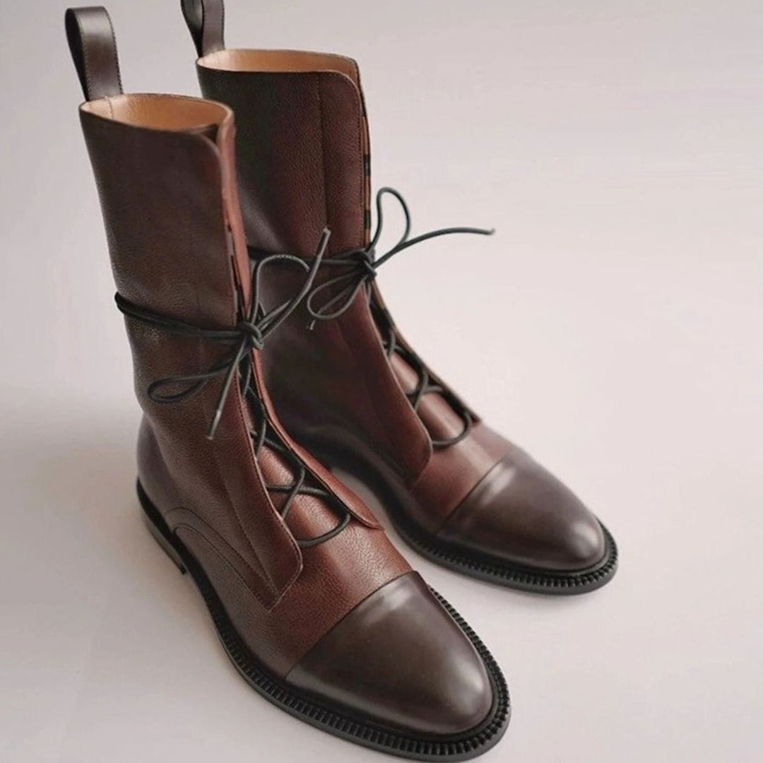 Women's Lace-Up Combat Style Boots Flat Cap-Toe Mid-Calf - Brown