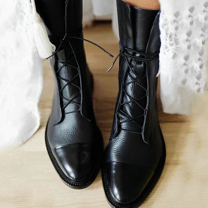 Women's Lace-Up Faux Leather Mid-Calf Fashion Ankle Boots - Black