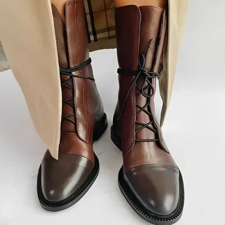 Women's Lace-Up Faux Leather Mid-Calf Fashion Ankle Boots - Brown