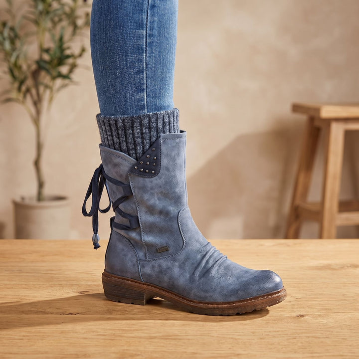Women's Lace-Up Knit-Cuff Winter Ankle Boots - Blue