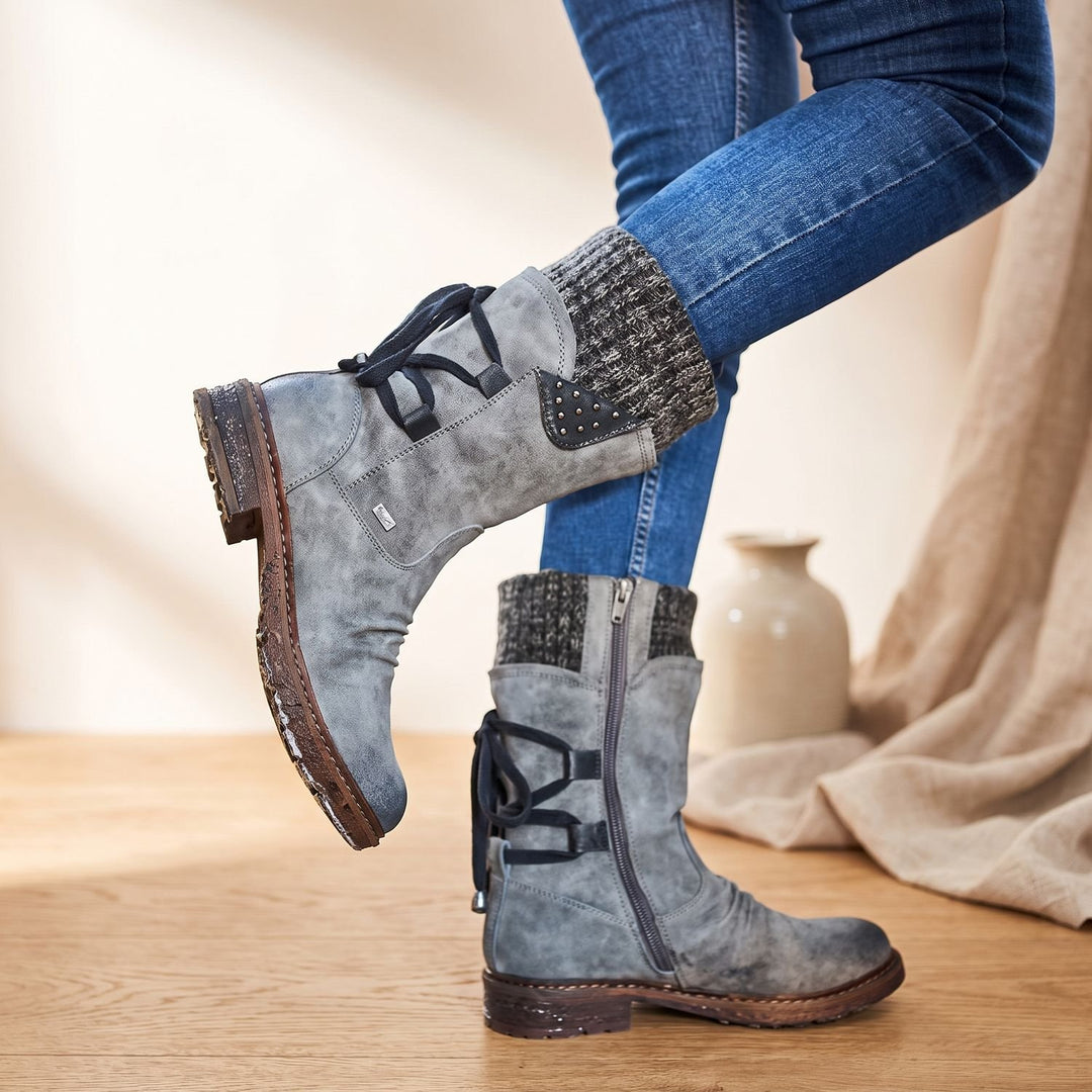 Women's Lace-Up Knit-Cuff Winter Ankle Boots - Gray