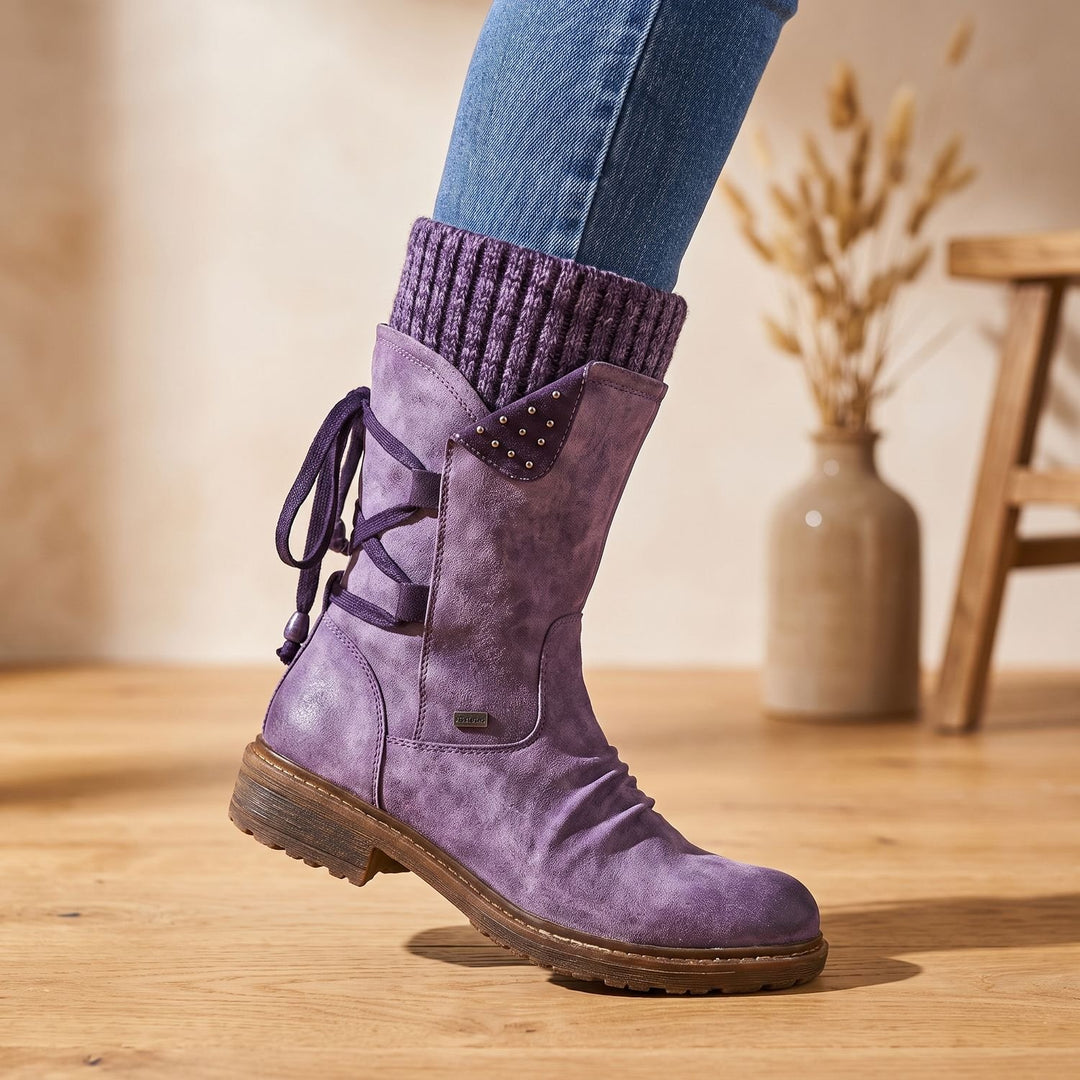Women's Lace-Up Knit-Cuff Winter Ankle Boots - Purple