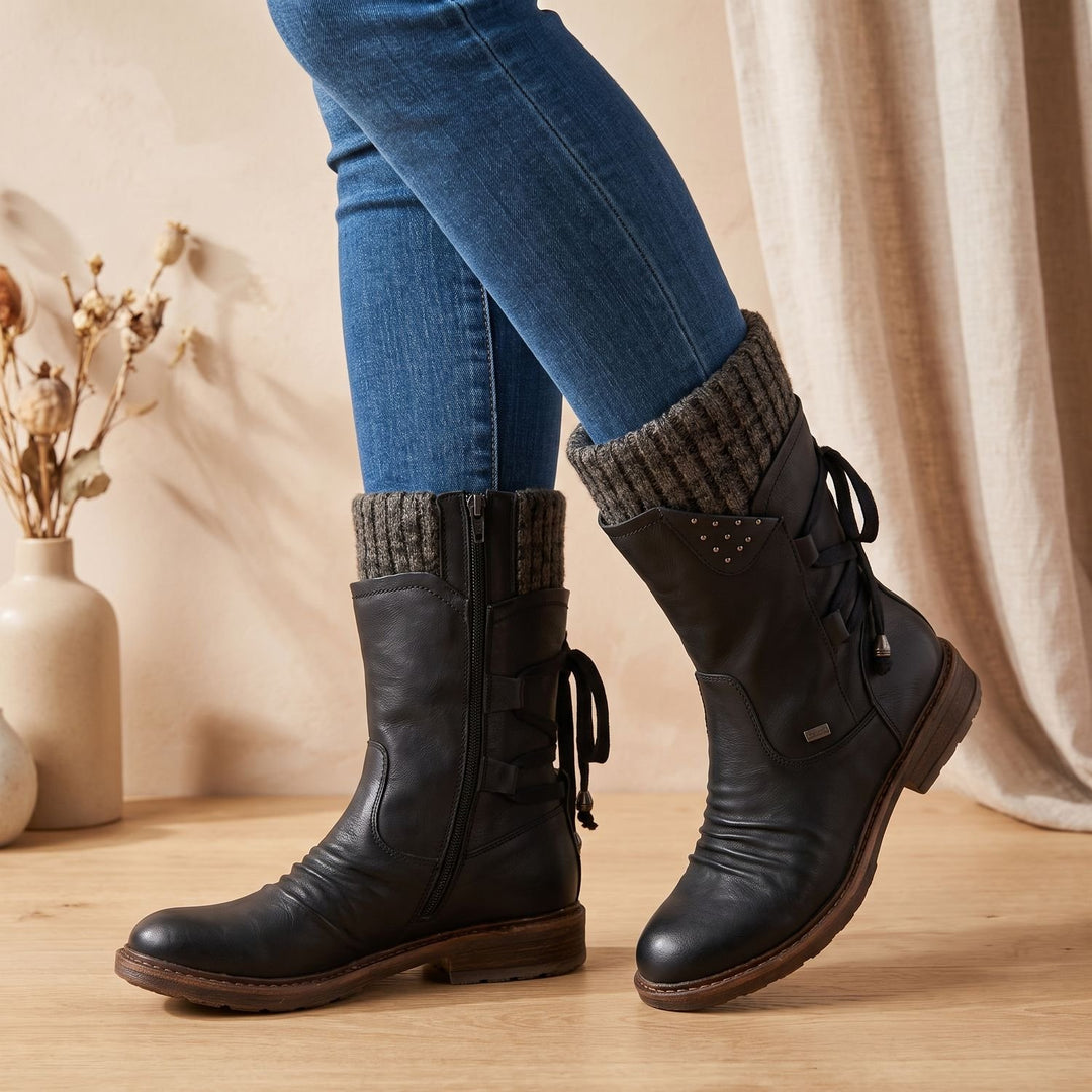 Women's Lace-Up Knit-Cuff Winter Ankle Boots - Black