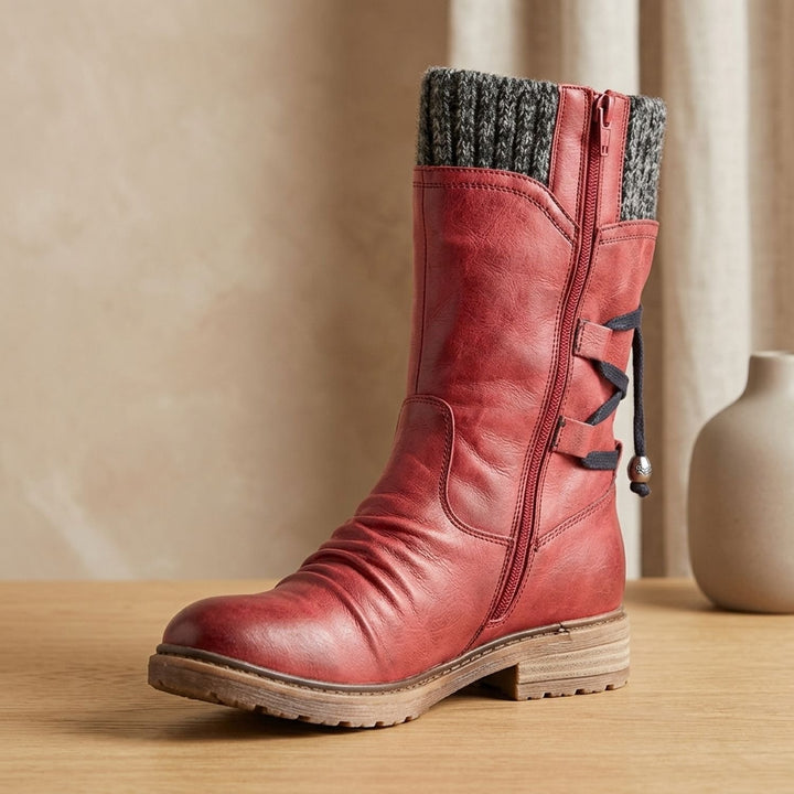 Women's Lace-Up Knit-Cuff Winter Ankle Boots - Red