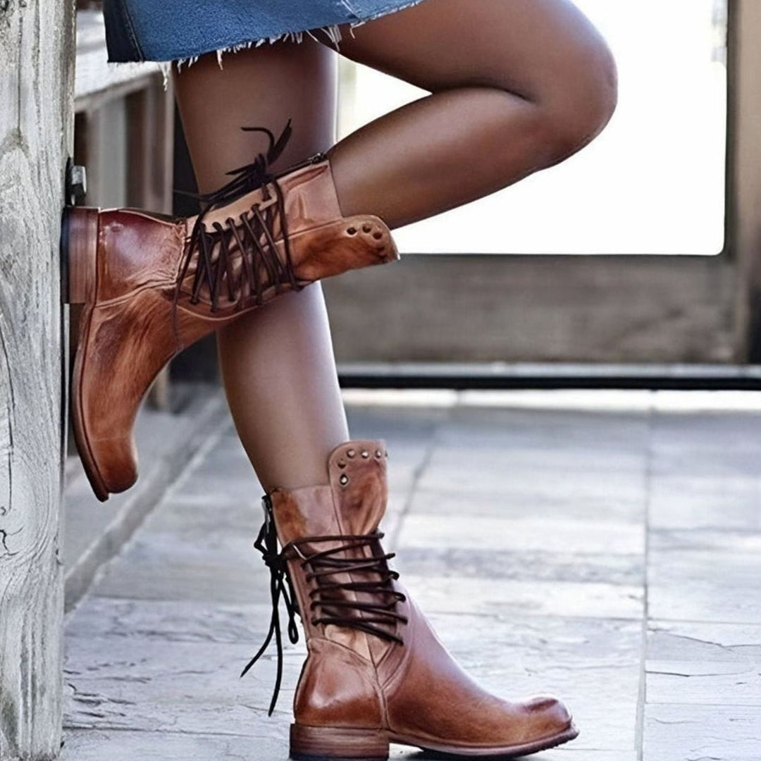Women's Lace-Up Leather-Look Studded Ankle Boots