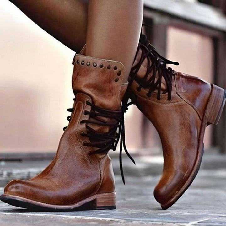 Women's Lace-Up Leather-Look Studded Ankle Boots - Brown