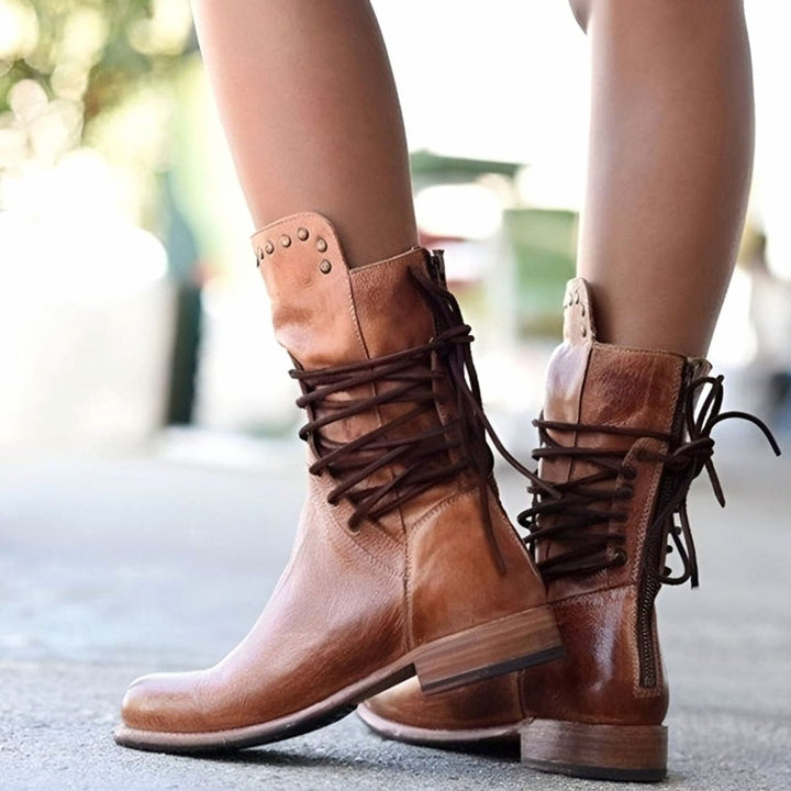 Women's Lace-Up Leather-Look Studded Ankle Boots