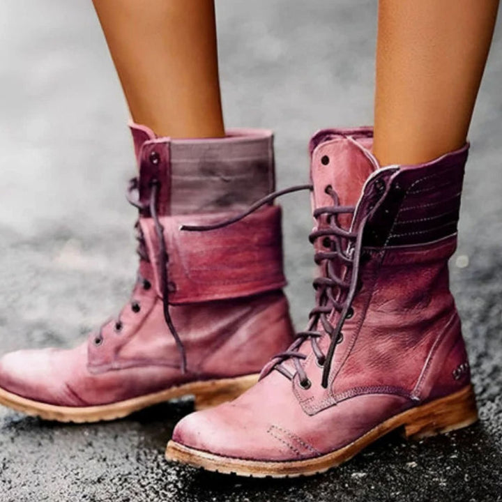 Women's Lace-Up Mid-Calf Foldover Combat Boots - Carmine Red