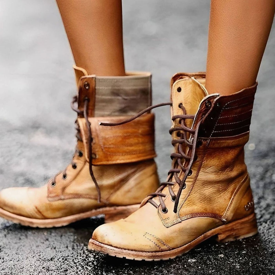 Women's Lace-Up Mid-Calf Foldover Combat Boots - Khaki