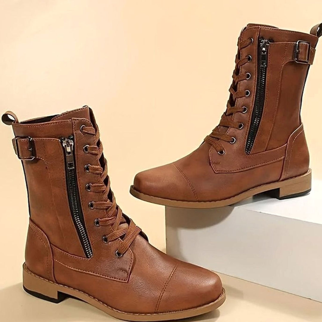 Women's Lace-Up Side-Zip Faux Leather Combat Boots
