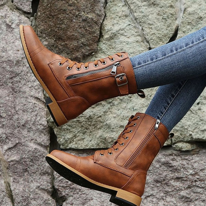 Women's Lace-Up Side-Zip Faux Leather Combat Boots