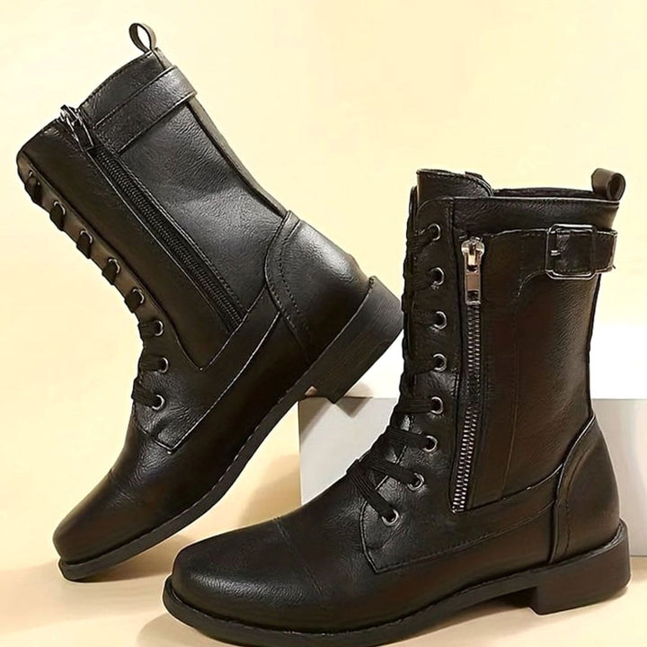 Women's Lace-Up Side-Zip Faux Leather Combat Boots - Black