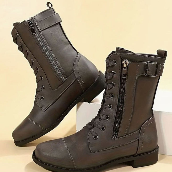 Women's Lace-Up Side-Zip Faux Leather Combat Boots - Grey