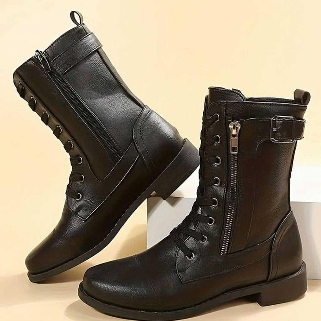 Women's Lace-Up Side-Zip Faux Leather Combat Boots