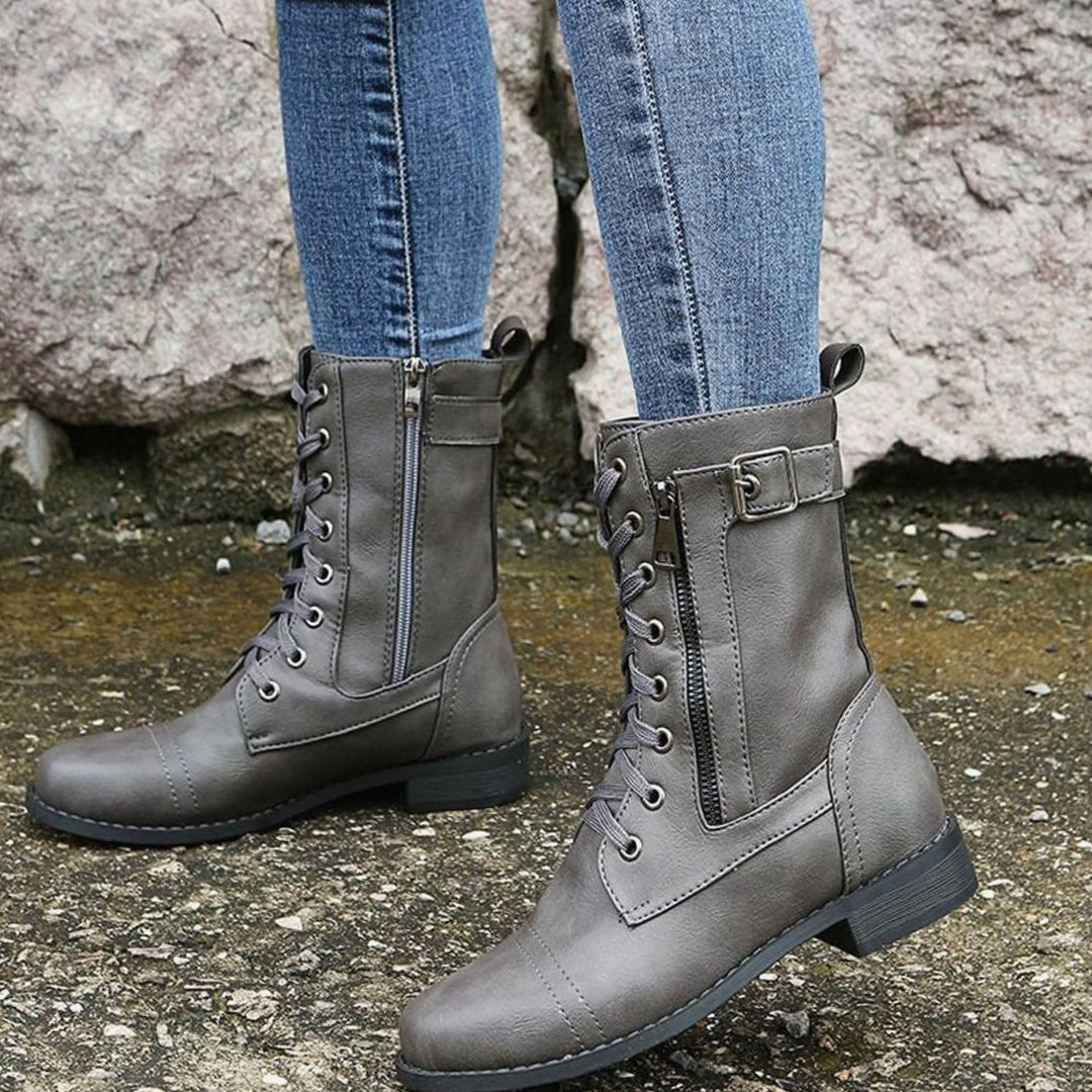 Women's Lace-Up Side-Zip Faux Leather Combat Boots