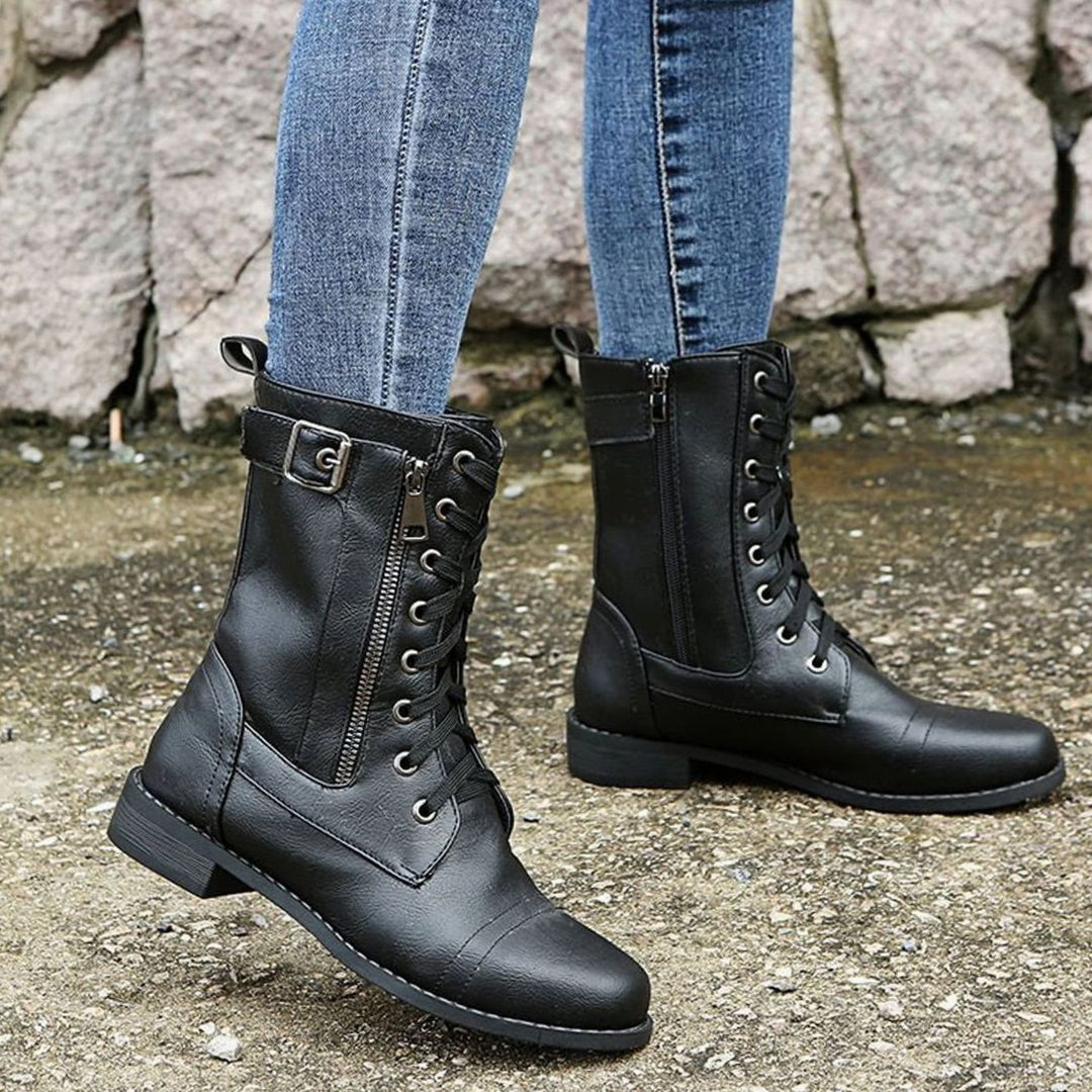 Women's Lace-Up Side-Zip Faux Leather Combat Boots