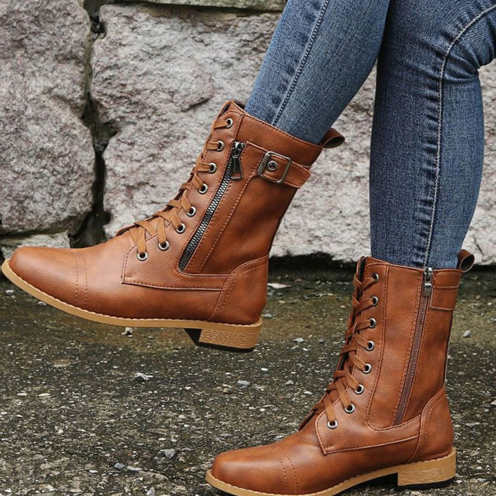 Women's Lace-Up Side-Zip Faux Leather Combat Boots