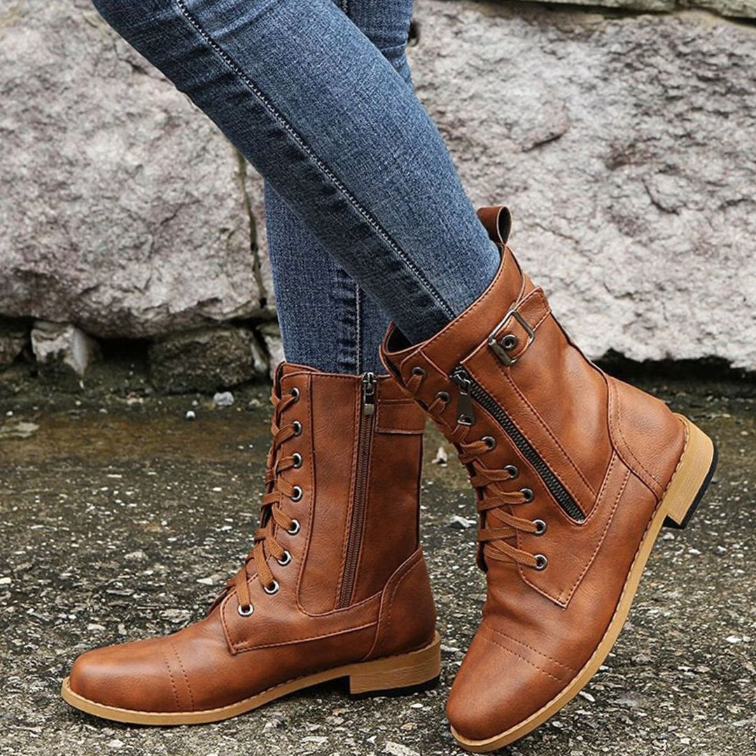 Women's Lace-Up Side-Zip Faux Leather Combat Boots