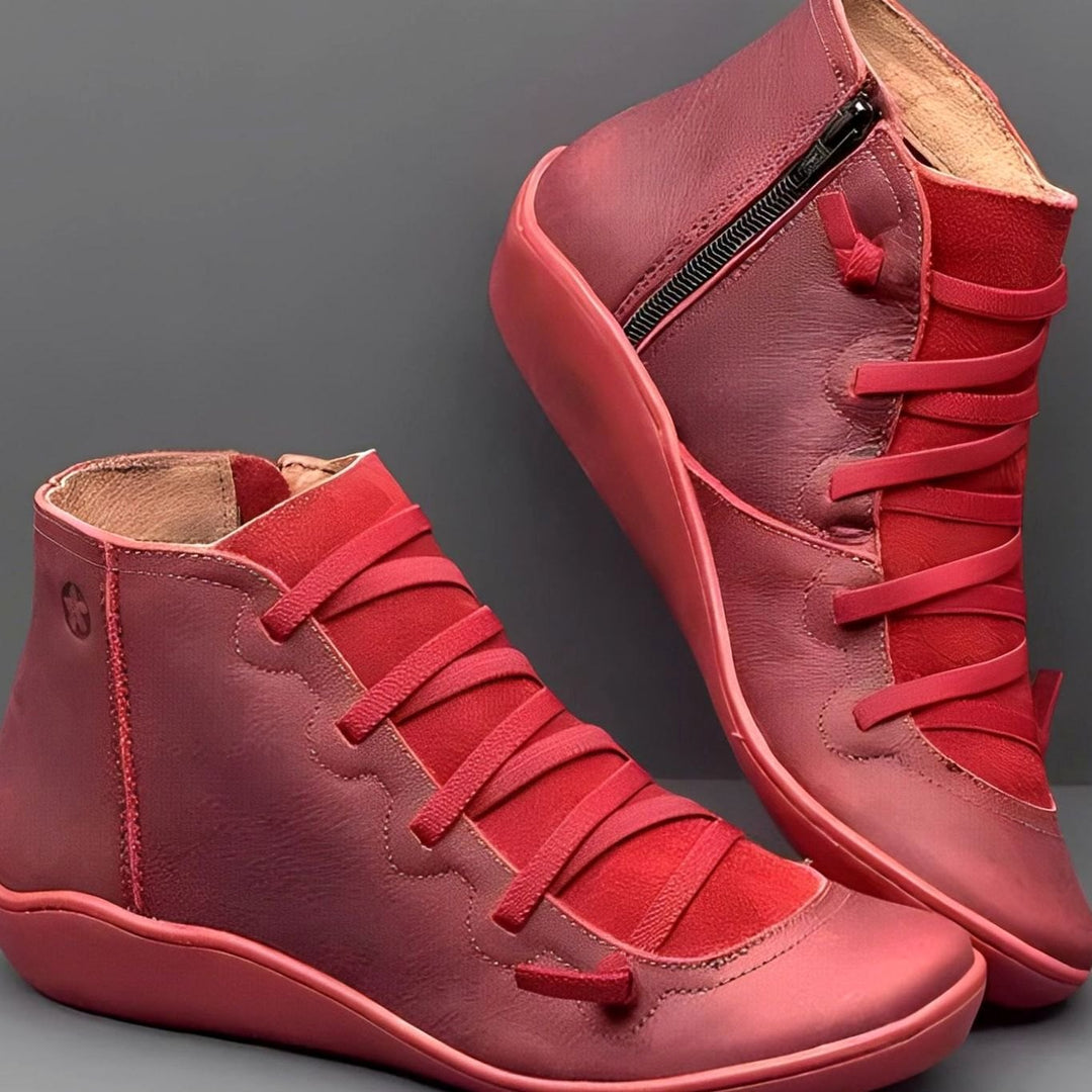 Women's Lace-Up Side-Zip Leather-Look Ankle Boots - Red