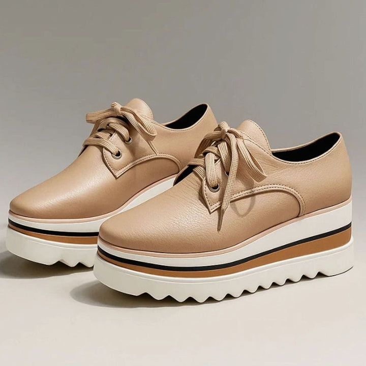 Women's Lace-Up Square-Toe Platform Sneakers Wedge Oxford Shoes - Beige